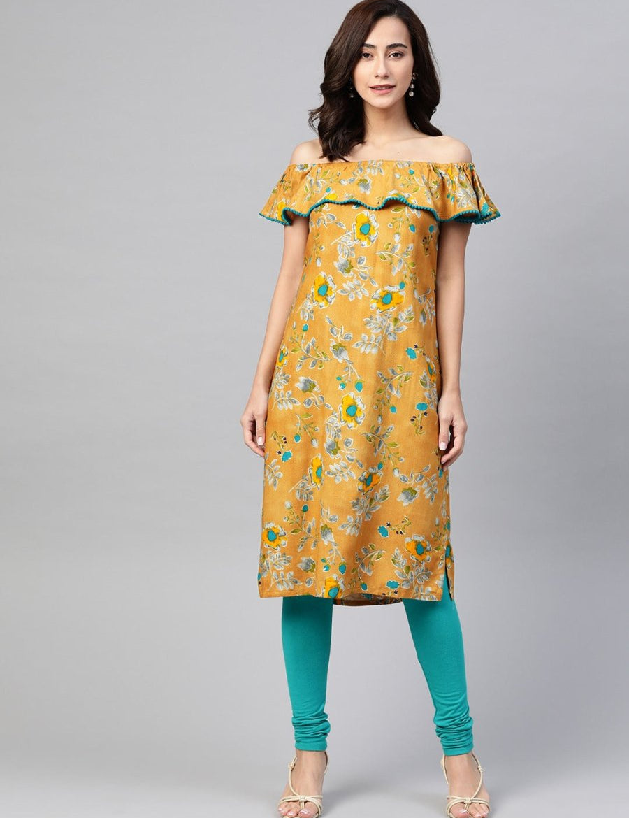 Jompers Women Mustard Yellow & Teal Blue Floral Printed Straight Kurta - JOK_1387_Mustard_S