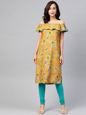 Jompers Women Mustard Yellow & Teal Blue Floral Printed Straight Kurta - JOK_1387_Mustard_S