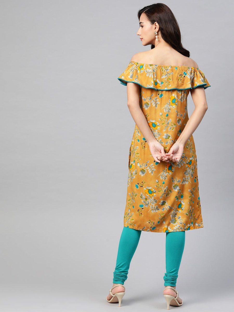 Jompers Women Mustard Yellow & Teal Blue Floral Printed Straight Kurta - JOK_1387_Mustard_S