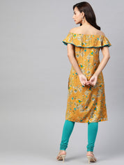 Jompers Women Mustard Yellow & Teal Blue Floral Printed Straight Kurta - JOK_1387_Mustard_S