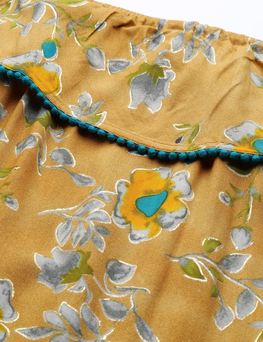 Jompers Women Mustard Yellow & Teal Blue Floral Printed Straight Kurta - JOK_1387_Mustard_S