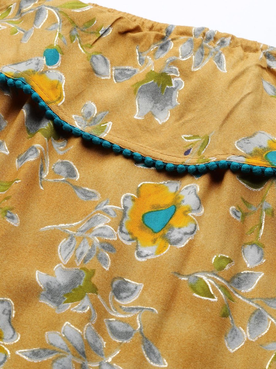 Jompers Women Mustard Yellow & Teal Blue Floral Printed Straight Kurta - JOK_1387_Mustard_S