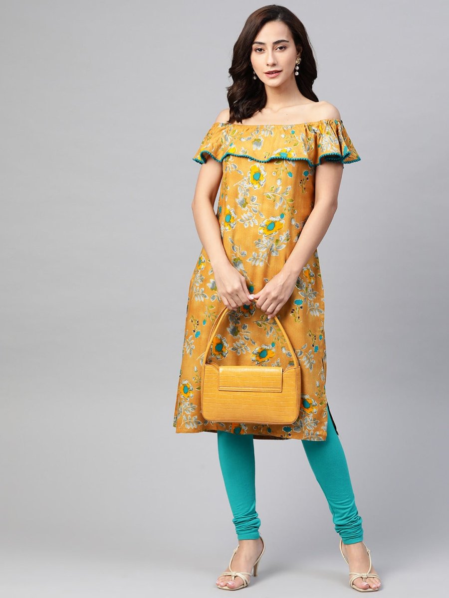 Jompers Women Mustard Yellow & Teal Blue Floral Printed Straight Kurta - JOK_1387_Mustard_S