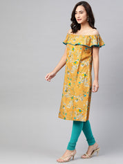 Jompers Women Mustard Yellow & Teal Blue Floral Printed Straight Kurta - JOK_1387_Mustard_S