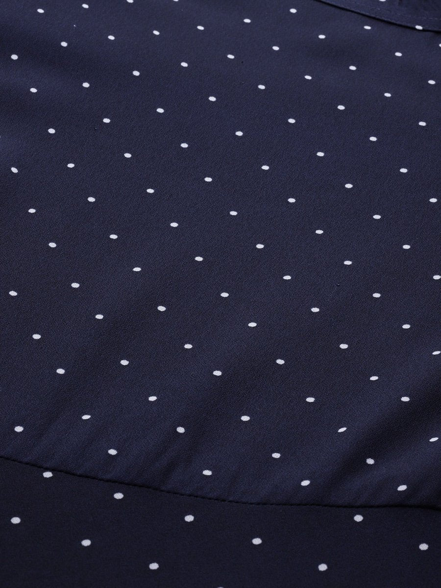 Jompers Women Navy Blue & White Polka Dots Print Bell Sleeves Anarkali Kurta - JOK_1382_Navy_S