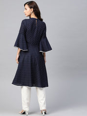 Jompers Women Navy Blue & White Polka Dots Print Bell Sleeves Anarkali Kurta - JOK_1382_Navy_S