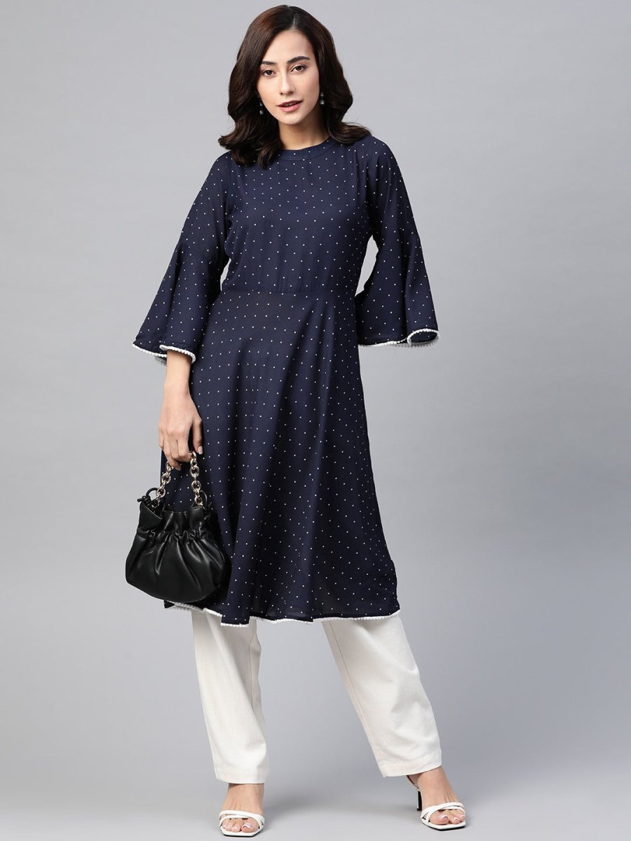 Jompers Women Navy Blue & White Polka Dots Print Bell Sleeves Anarkali Kurta - JOK_1382_Navy_S