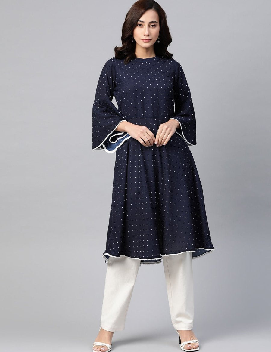 Jompers Women Navy Blue & White Polka Dots Print Bell Sleeves Anarkali Kurta - JOK_1382_Navy_S
