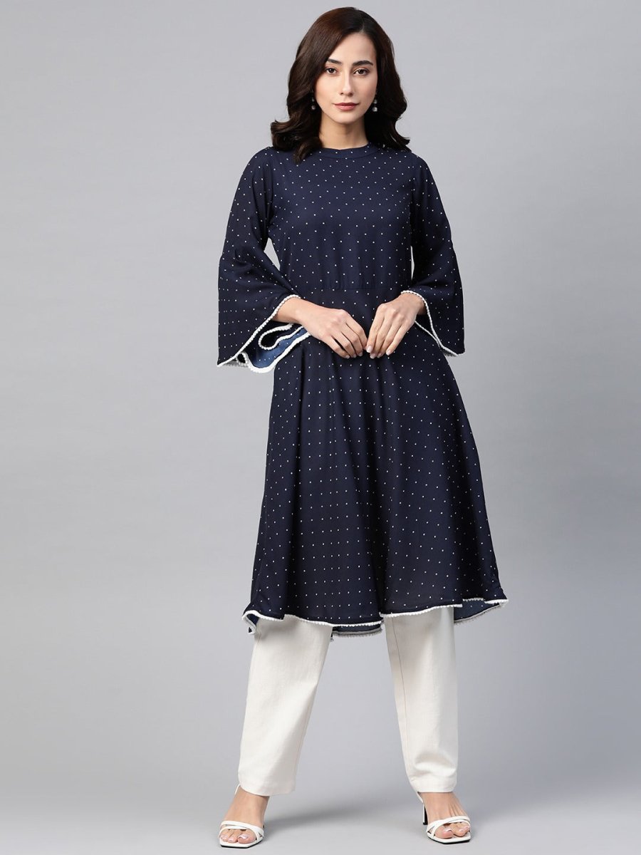 Jompers Women Navy Blue & White Polka Dots Print Bell Sleeves Anarkali Kurta - JOK_1382_Navy_S