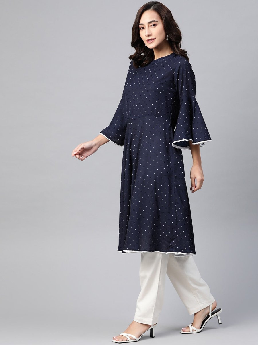 Jompers Women Navy Blue & White Polka Dots Print Bell Sleeves Anarkali Kurta - JOK_1382_Navy_S