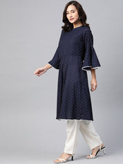 Jompers Women Navy Blue & White Polka Dots Print Bell Sleeves Anarkali Kurta - JOK_1382_Navy_S