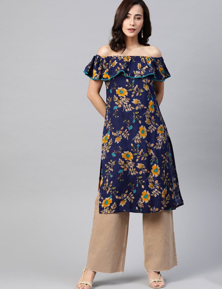 Jompers Women Navy Blue & Yellow Floral Printed Straight Kurta - JOK_1387_Navy_S
