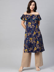 Jompers Women Navy Blue & Yellow Floral Printed Straight Kurta - JOK_1387_Navy_S