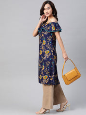 Jompers Women Navy Blue & Yellow Floral Printed Straight Kurta - JOK_1387_Navy_S