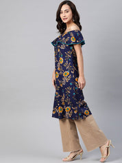 Jompers Women Navy Blue & Yellow Floral Printed Straight Kurta - JOK_1387_Navy_S