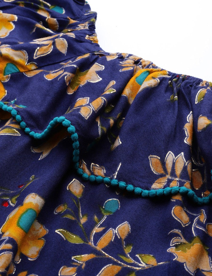 Jompers Women Navy Blue & Yellow Floral Printed Straight Kurta - JOK_1387_Navy_S