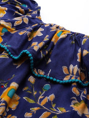 Jompers Women Navy Blue & Yellow Floral Printed Straight Kurta - JOK_1387_Navy_S