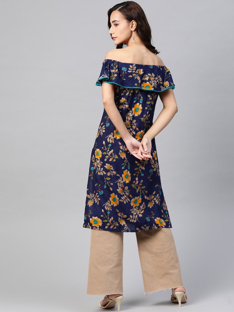 Jompers Women Navy Blue & Yellow Floral Printed Straight Kurta - JOK_1387_Navy_S