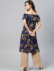 Jompers Women Navy Blue & Yellow Floral Printed Straight Kurta - JOK_1387_Navy_S