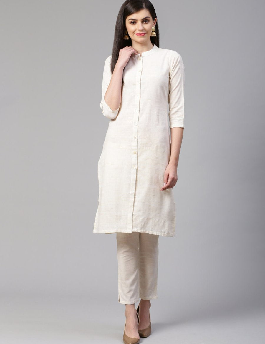 Jompers Women Off-White Woven Design Kurta with Trousers - JOKS_1332_Off-White_S