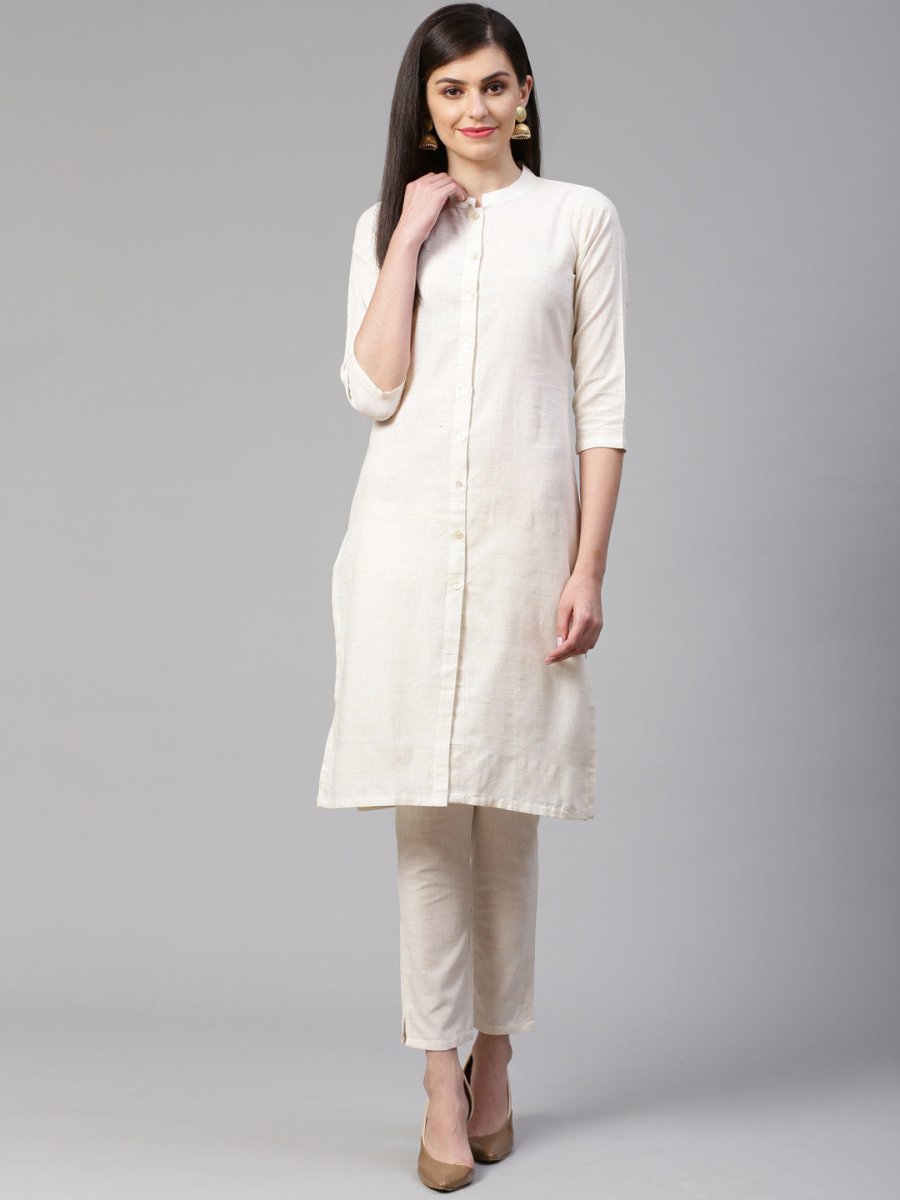 Jompers Women Off-White Woven Design Kurta with Trousers - JOKS_1332_Off-White_S