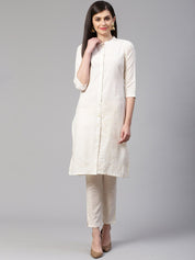 Jompers Women Off-White Woven Design Kurta with Trousers - JOKS_1332_Off-White_S