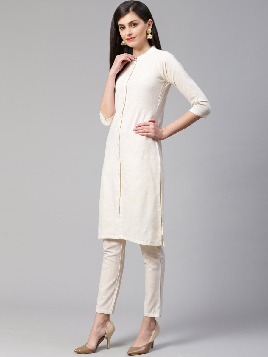 Jompers Women Off-White Woven Design Kurta with Trousers - JOKS_1332_Off-White_S