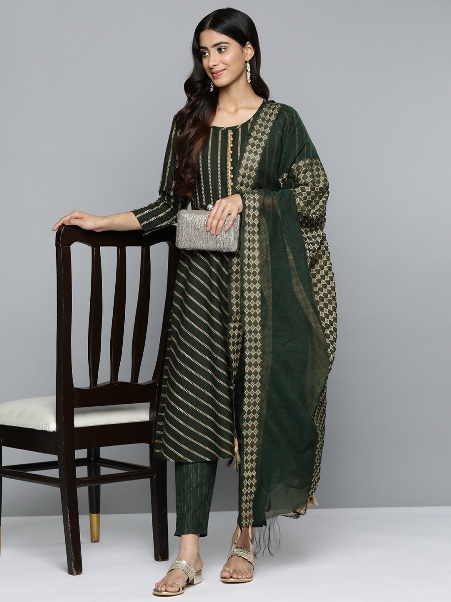 Jompers Women Olive Green Embroidered Regular Kurta with Trousers & With Dupatta - JOKS_D46G_1506_Green_S