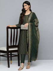 Jompers Women Olive Green Embroidered Regular Kurta with Trousers & With Dupatta - JOKS_D46G_1506_Green_S