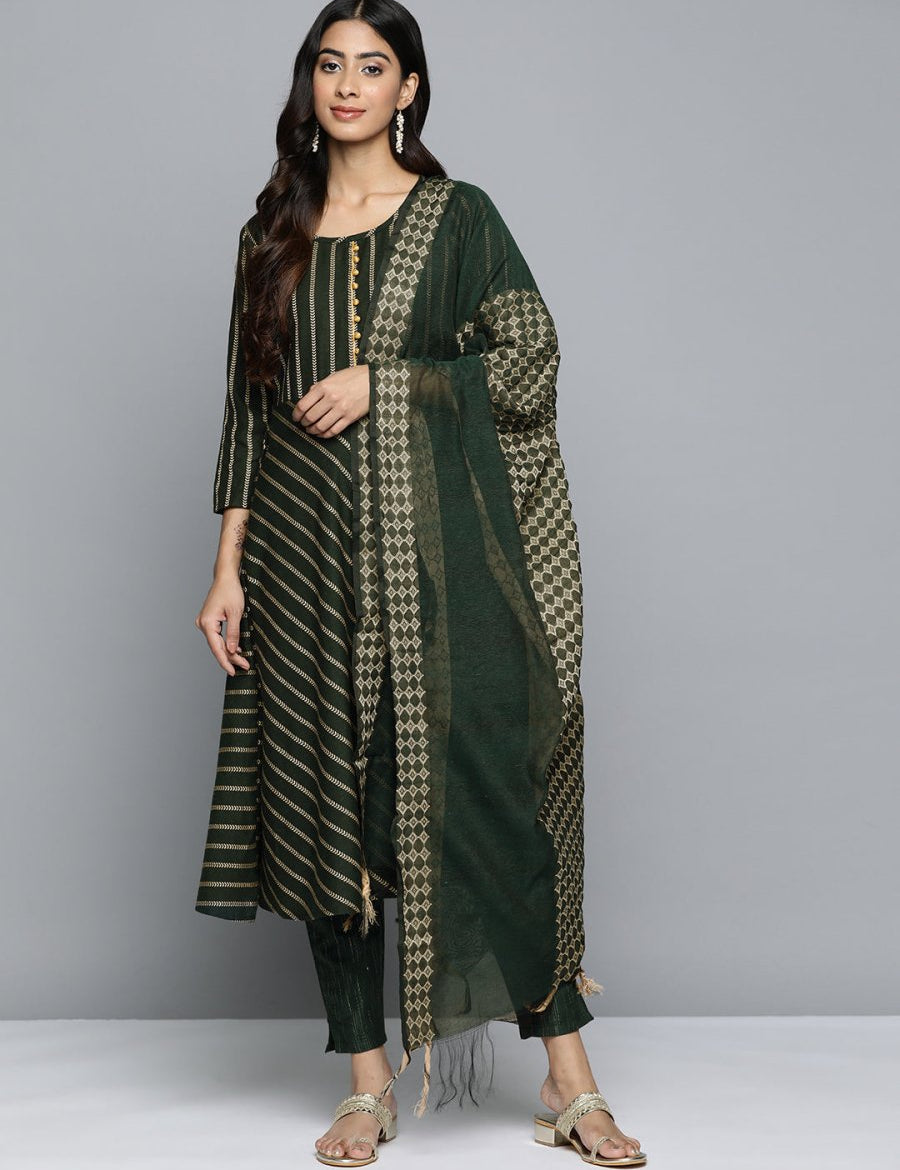 Jompers Women Olive Green Embroidered Regular Kurta with Trousers & With Dupatta - JOKS_D46G_1506_Green_S
