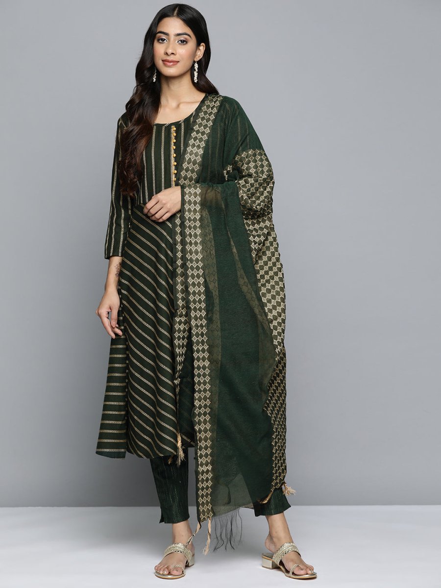 Jompers Women Olive Green Embroidered Regular Kurta with Trousers & With Dupatta - JOKS_D46G_1506_Green_S