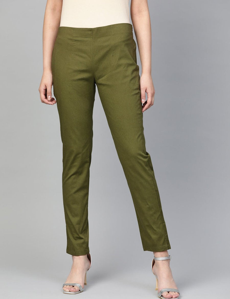 Jompers Women Olive Green Smart Slim Fit Solid Regular Trousers - JOP_2119_Olive_S