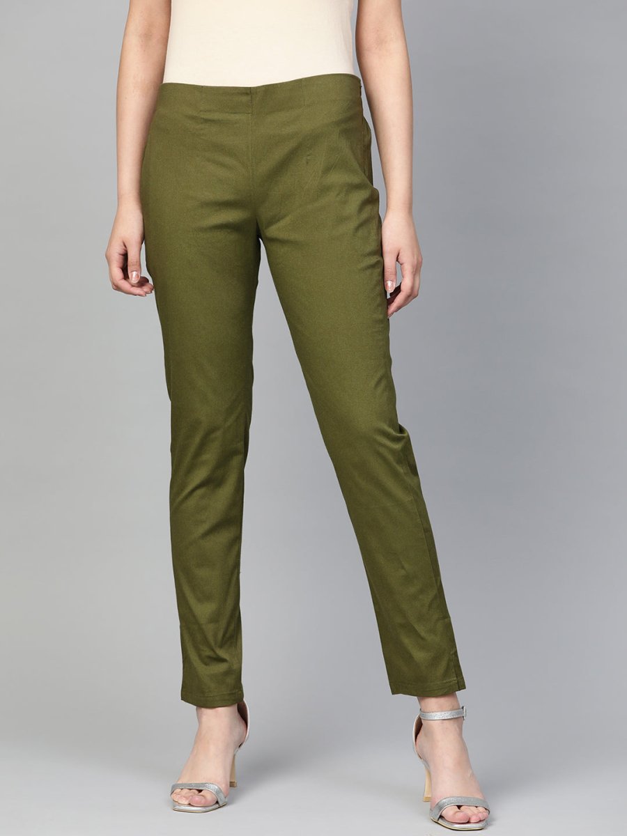 Jompers Women Olive Green Smart Slim Fit Solid Regular Trousers - JOP_2119_Olive_S
