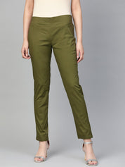 Jompers Women Olive Green Smart Slim Fit Solid Regular Trousers - JOP_2119_Olive_S