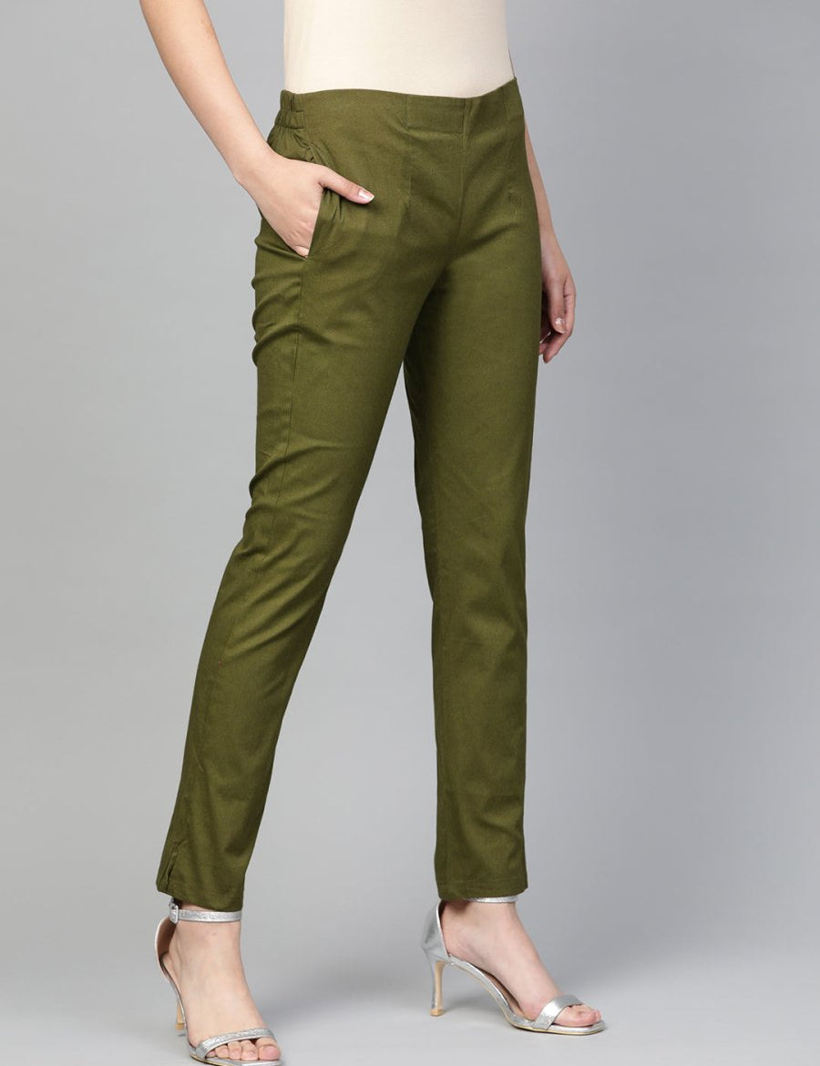 Jompers Women Olive Green Smart Slim Fit Solid Regular Trousers - JOP_2119_Olive_S