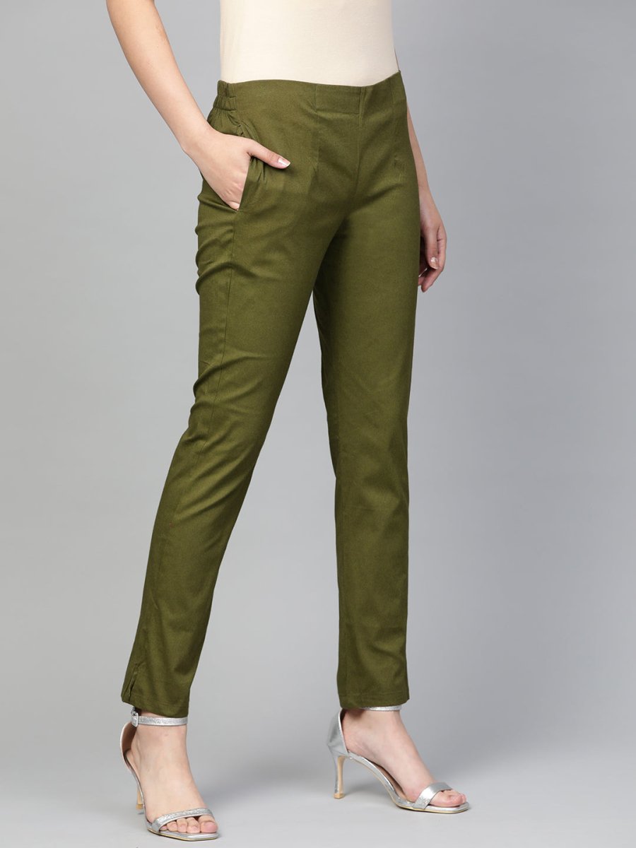 Jompers Women Olive Green Smart Slim Fit Solid Regular Trousers - JOP_2119_Olive_S