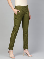 Jompers Women Olive Green Smart Slim Fit Solid Regular Trousers - JOP_2119_Olive_S