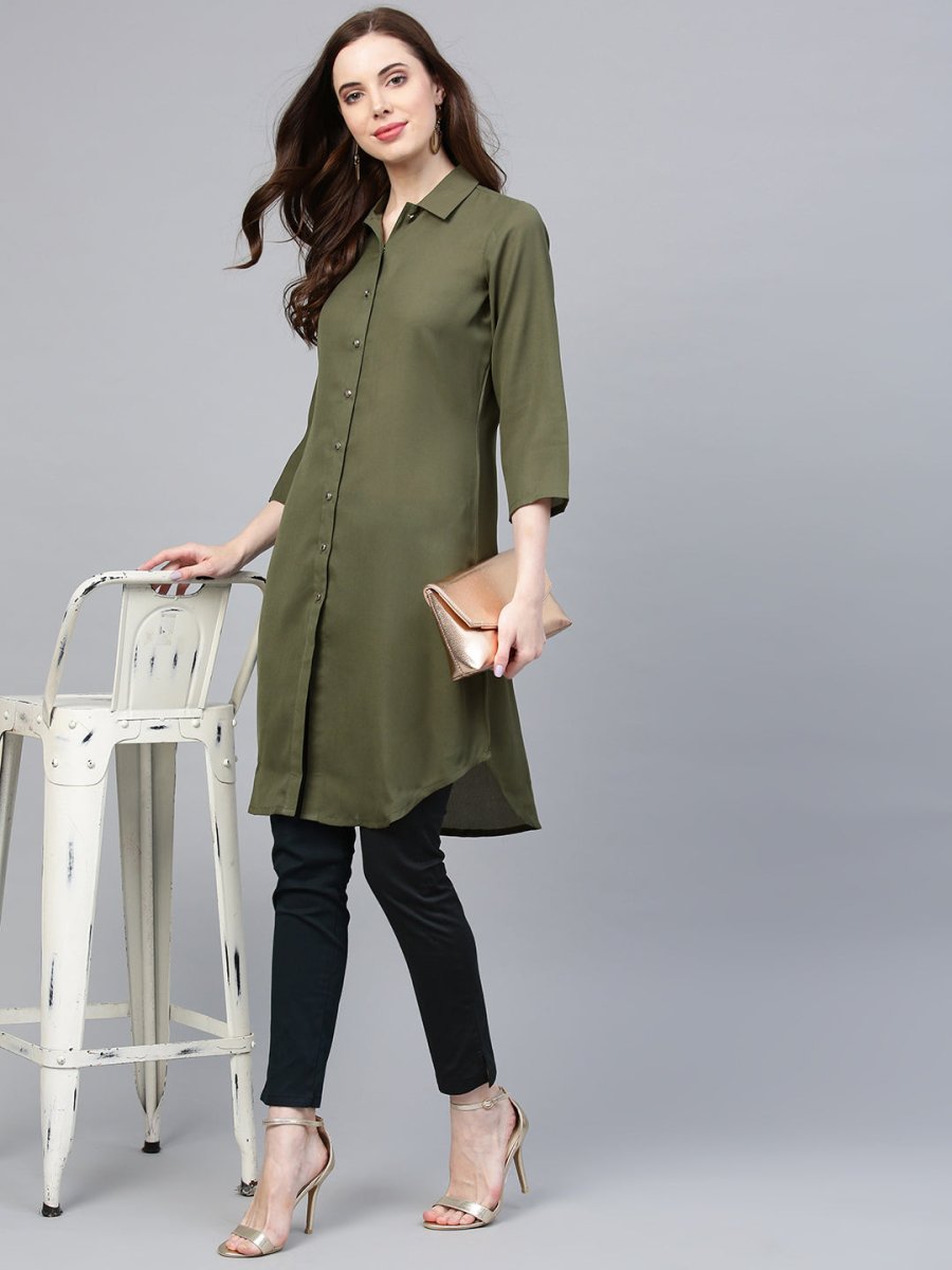 Jompers Women Olive Green Solid A-Line Kurta - JOK_1224_Olive_S