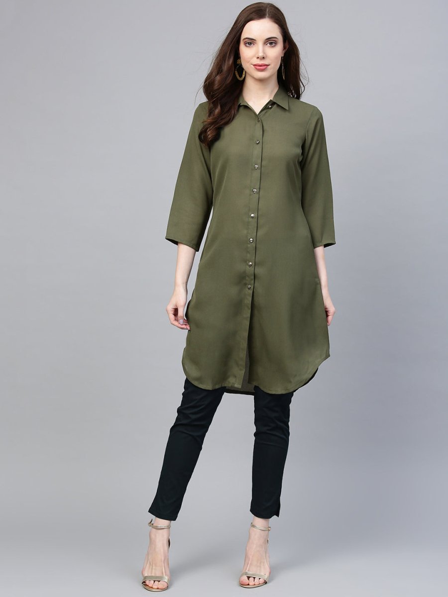 Jompers Women Olive Green Solid A-Line Kurta - JOK_1224_Olive_S