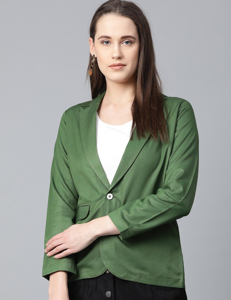 Jompers Women Olive-Green Solid Single-Breasted Smart Casual Blazer - JOB_6001_Olive_XS