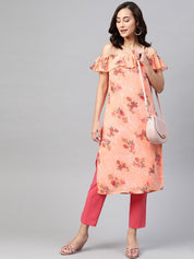 Jompers Women Peach-Coloured & Grey Floral Print Off-Shoulder Straight Kurta - JOK_1397_Orange_S