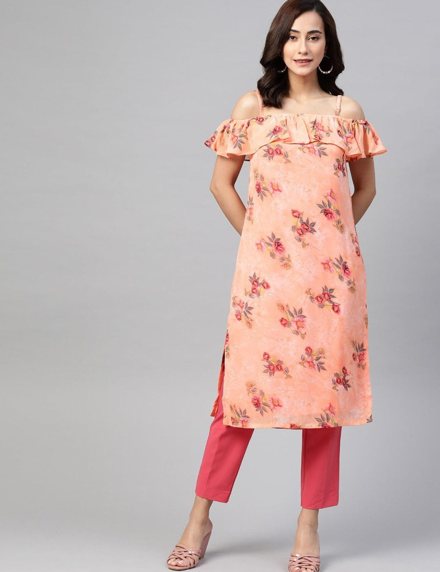Jompers Women Peach-Coloured & Grey Floral Print Off-Shoulder Straight Kurta - JOK_1397_Orange_S