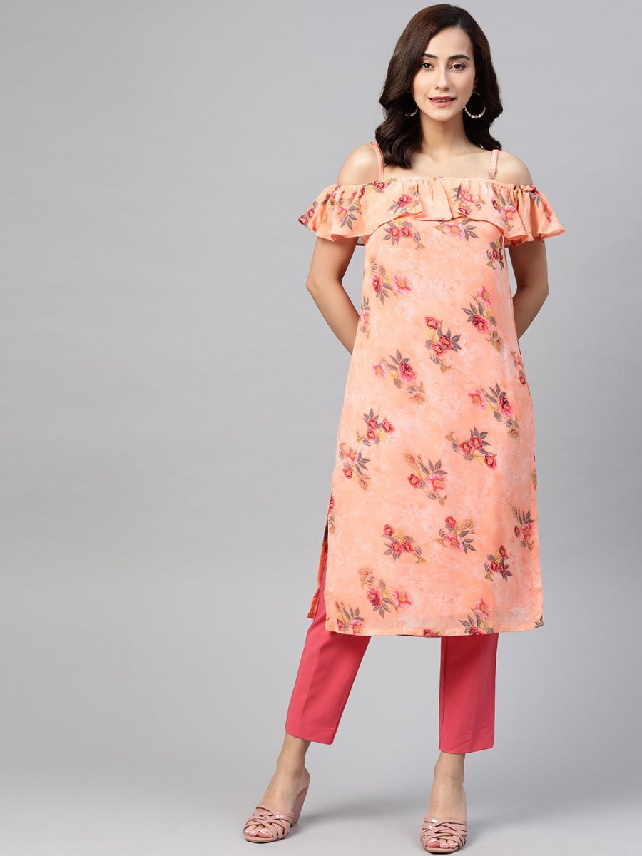 Jompers Women Peach-Coloured & Grey Floral Print Off-Shoulder Straight Kurta - JOK_1397_Orange_S