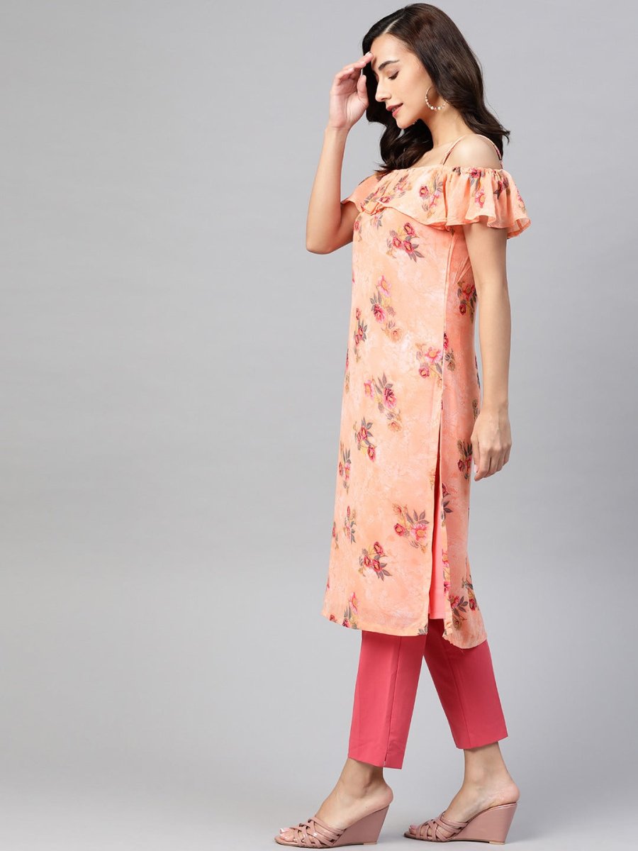 Jompers Women Peach-Coloured & Grey Floral Print Off-Shoulder Straight Kurta - JOK_1397_Orange_S