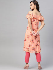 Jompers Women Peach-Coloured & Grey Floral Print Off-Shoulder Straight Kurta - JOK_1397_Orange_S