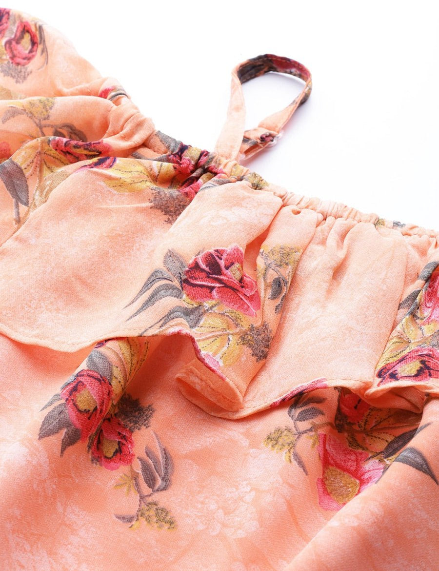 Jompers Women Peach-Coloured & Grey Floral Print Off-Shoulder Straight Kurta - JOK_1397_Orange_S