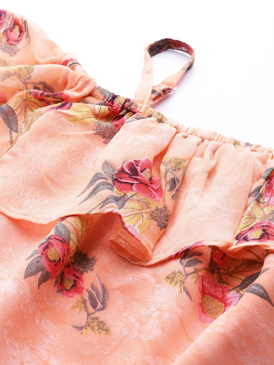 Jompers Women Peach-Coloured & Grey Floral Print Off-Shoulder Straight Kurta - JOK_1397_Orange_S