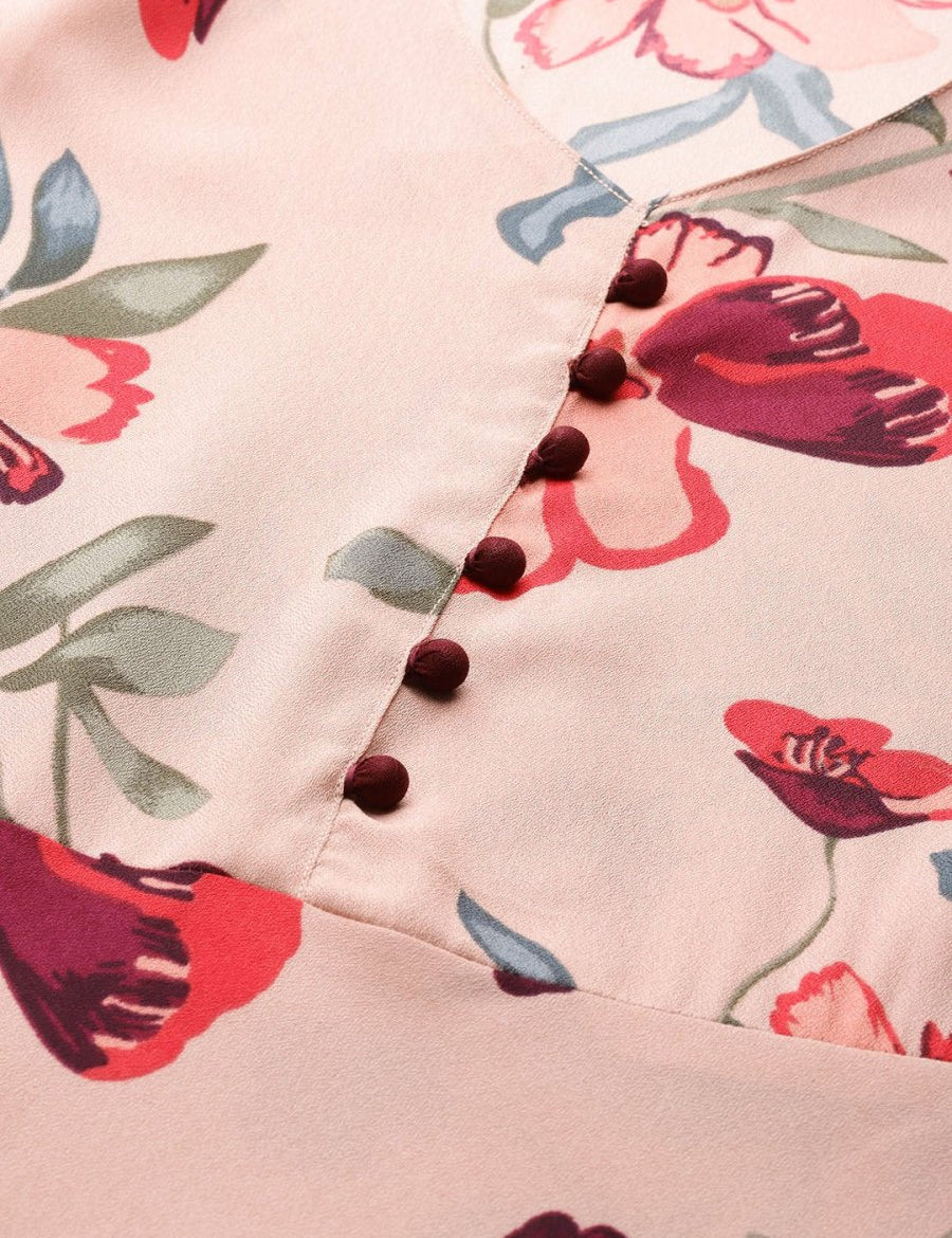 Jompers Women Peach & Maroon Floral Printed Floral Flared Kurta - JOK_1396_Peach_S