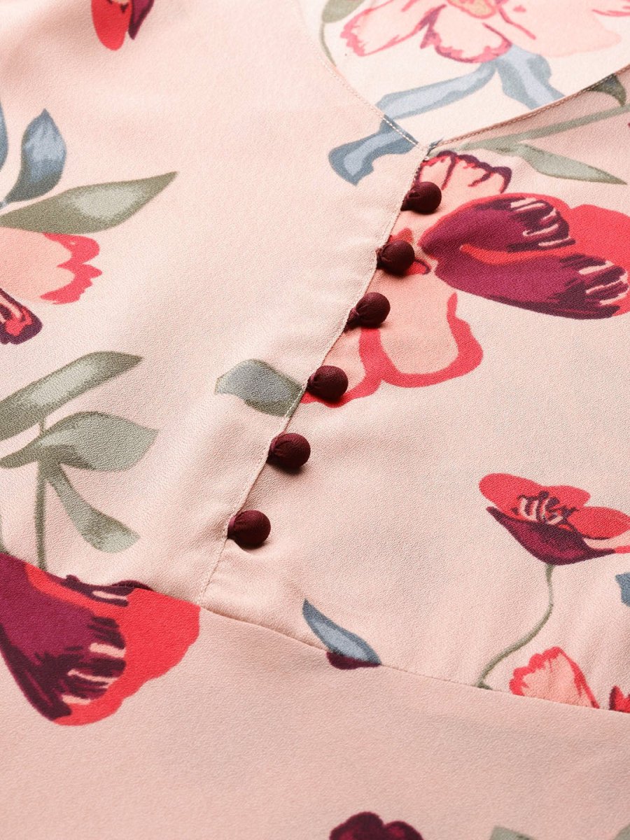 Jompers Women Peach & Maroon Floral Printed Floral Flared Kurta - JOK_1396_Peach_S