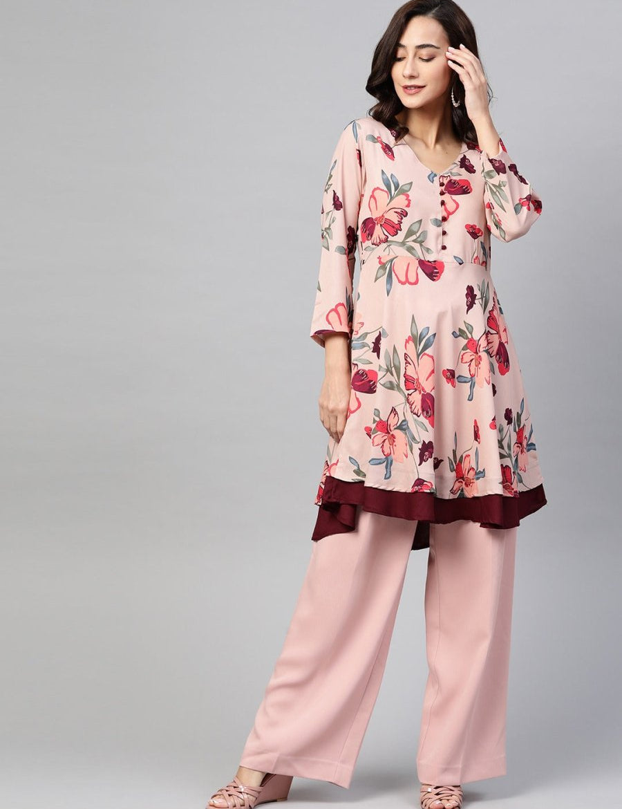 Jompers Women Peach & Maroon Floral Printed Floral Flared Kurta - JOK_1396_Peach_S